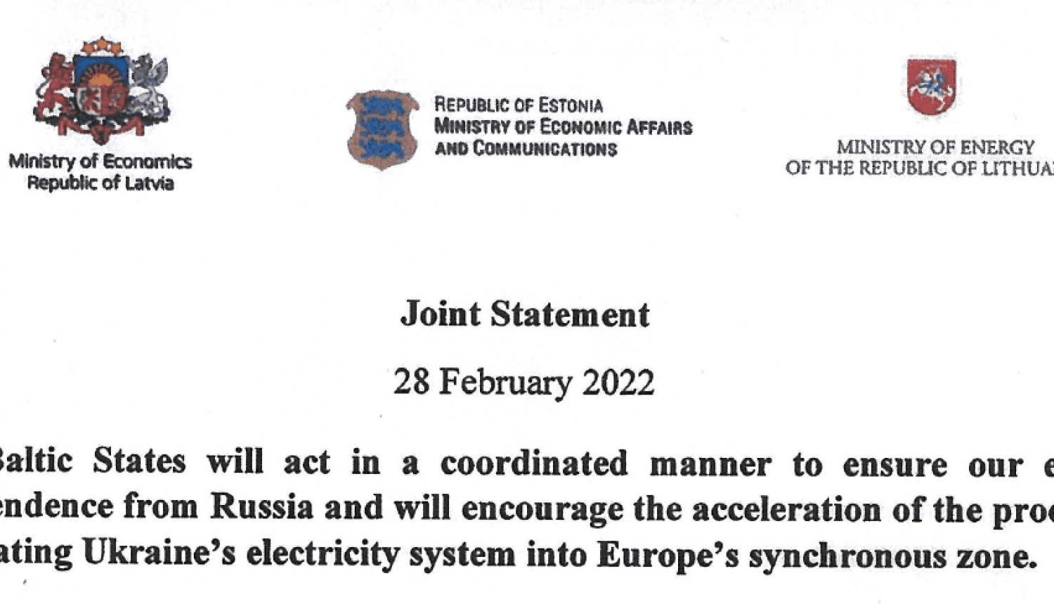Baltijas valstu enerģētikas ministru paziņojums